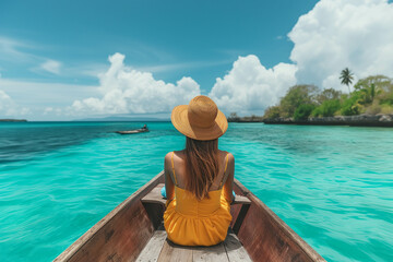 A blonde woman wearing a hat sits on a boat in the seaside, looking at the clear sea view and relaxing. - obrazy, fototapety, plakaty
