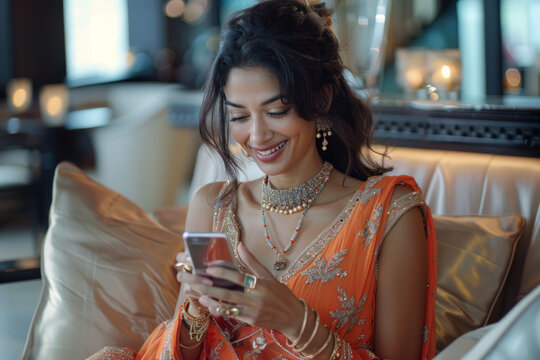 Indian woman sitting and using cell phone in the airport executive lounge