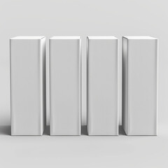 Minimalistic four vertical white packing boxes, neutral background