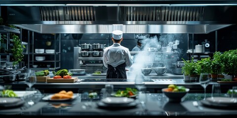 A male chef cooks in an industrial kitchen.