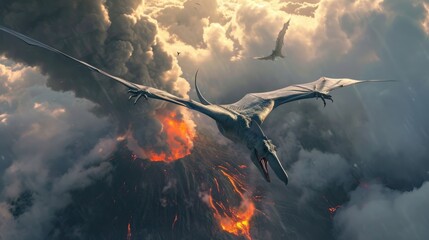 Naklejka premium Flying dinosaur, Pterodactyl, flying over an erupting volcano with fire flame smoke in prehistoric environment. Photorealistic.