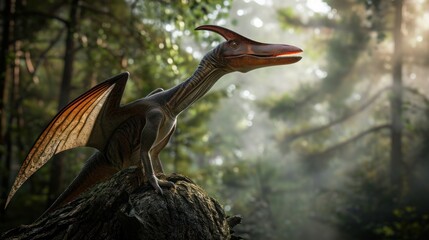 Naklejka premium Flying dinosaur, Pterodactyl, rest on tree in prehistoric forest. Photorealistic.