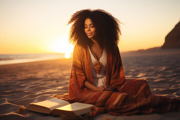Beautiful African American Wiccan woman sits on the beach and reads a book of spells.