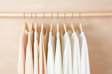 Trendy capsule wardrobe in beige and white on a wooden rail rack.	