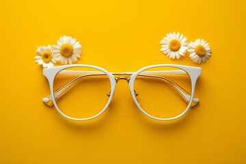 a pair of glasses with white rims and white flowers on a yellow background