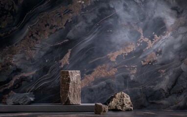 empty stone background, museum gallery dioramas, dark navy and brown