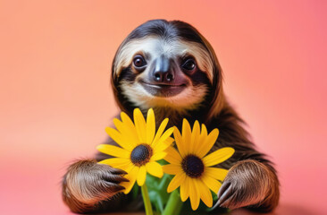 Naklejka premium Cute sloth animal with chamomile congratulations with Thankgiving, Mother’s Day, Birthday Concept.