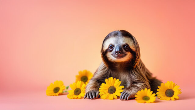 Banner with cute sloth animal with chamomile  congratulations with Thankgiving, Mother’s Day, Birthday Concept.