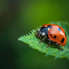 Macro shooting of a ladybug on a leaf in the forest.