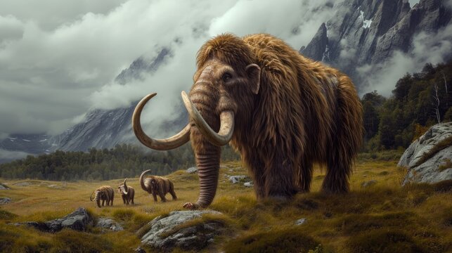 A group of mammoth walking in grass land in ancient prehistoric enviroment.