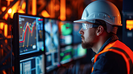 Industrial engineer in hardhat using advanced computer interface to monitor machinery and workflow efficiency in a manufacturing plant