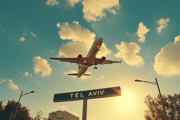 Airplane landing with TEL AVIV sign in the foreground, arriving in Israel, Ben Gurion airport	