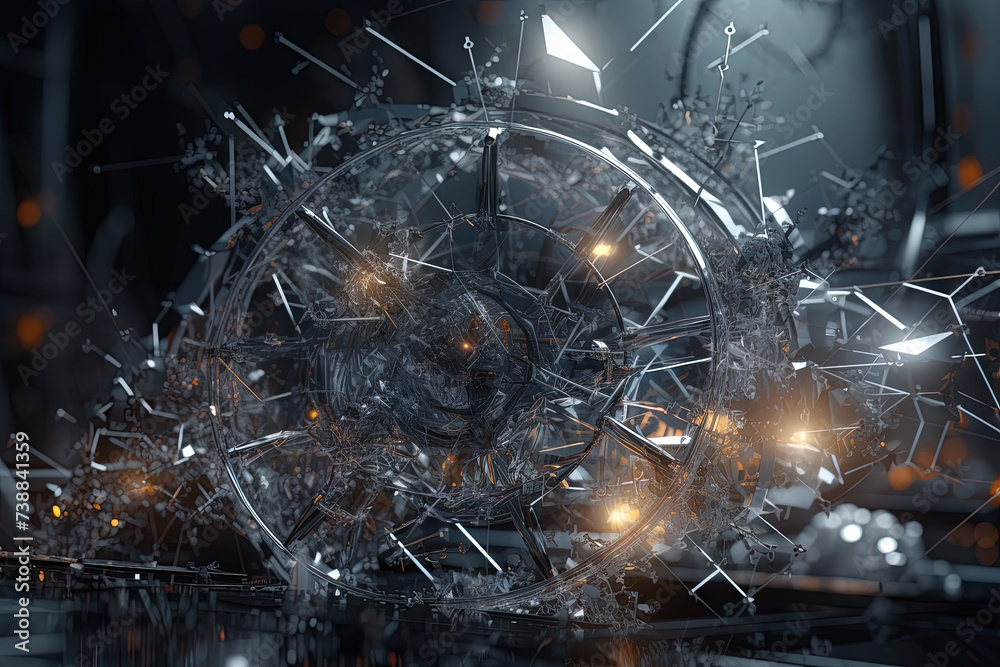 Poster Abstract burst of wires and particles on technology background. Scientific abstraction with mess of wires.