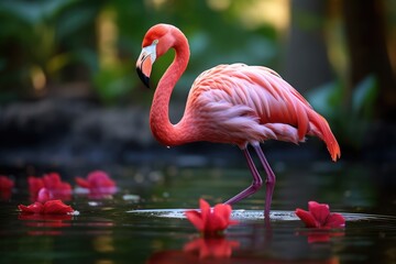 Beautiful pink flamingo walking in a pond. ai generated