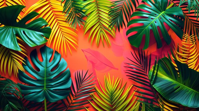 a group of tropical leaves on a red background
