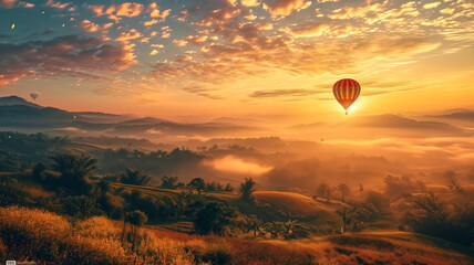 Serene sunrise landscape with hot air balloons floating above mist-covered hills and a colorful sky.
