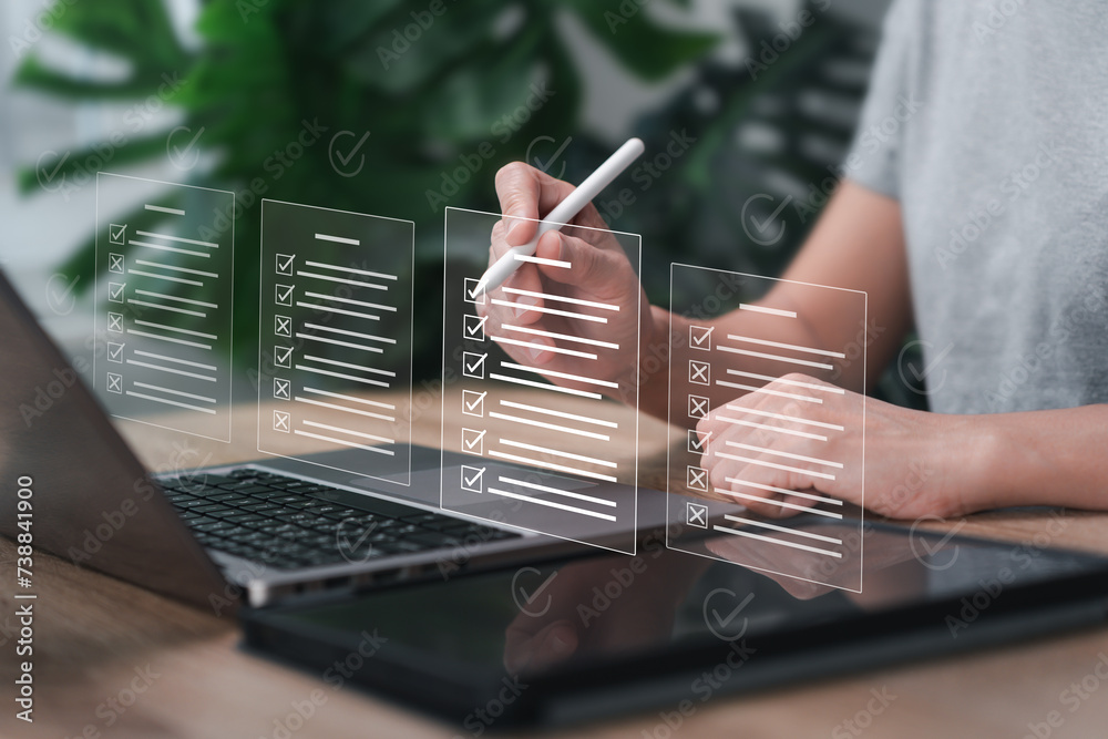 Canvas Prints performance online checklist survey management concept, women making a checklist for certificate app