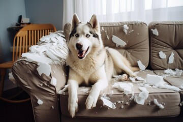 Husky dog chewed and destroyed the sofa and sits on it, harmful dog, doing a mess at home