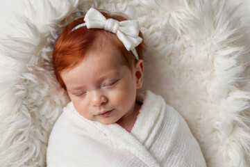 Sweet one month old newborn baby girl is sleeping on her back in her crib, swaddled in white blanket