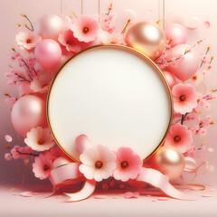 Pink Cherry Blossom Frame border card with cherry blossom, or sakura flower and pink colors balloons and  luxury ai generated 3d realistic style
