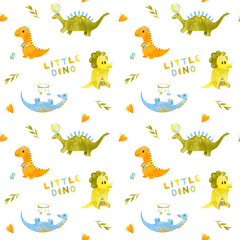 Seamless pattern with watercolor cute little dinosaurs. Cartoon childish prehistoric reptile print in blue, yellow, green colors. Perfect for baby kid fabric textile and wrapping paper.