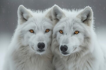 Obraz premium Amidst the winter snow, two magnificent canines, one pure wolf and one coyote-wolf hybrid, stand proudly side by side, their fur glistening in the freezing air as they embody the wild beauty of natur