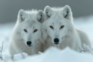 Amidst the frozen landscape, two majestic white wolves stand tall and proud, their thick fur blending seamlessly with the snowy terrain as they embody the untamed beauty of the canis species
