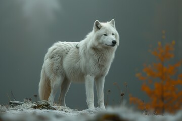 Amidst the winter's embrace, a majestic white wolf stands tall upon a snowy hill, embodying the untamed spirit of the wild