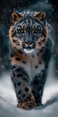 Fototapeta premium A fierce snow leopard prowls through the wintry landscape, its majestic fur and piercing eyes representing the raw power and untamed beauty of the big cat family