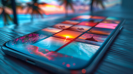 The smartphone displays a gallery of tropical landscapes, against the background of the beach