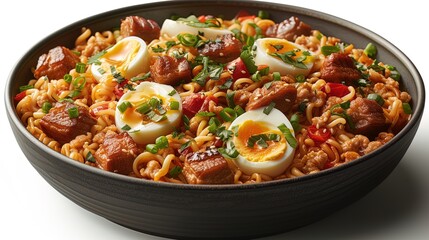 A mouthwatering bowl of ramen noodles topped with slices of tender pork belly, soft-boiled eggs, a