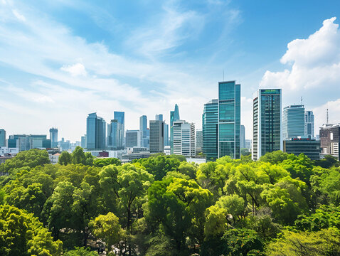 Beautiful urban city skyline with tall modern skyscrapers and lush green trees on a sunny day