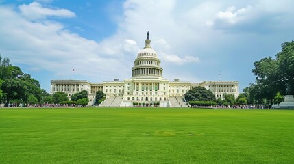 a large white building with a large lawn and a large building with a statue on top