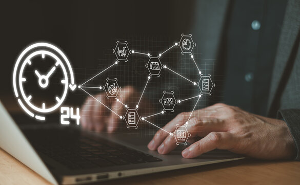 Business person with time management activity to improve productivity, process optimization and lean organization. Business and production improvement by time and resource planning for more profit.