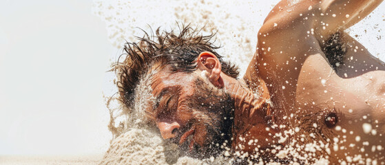 Dynamic fall of a player, beach volleyball, captured on a white background, a place to copy