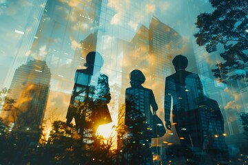 Successful entrepreneurs unite in city skyscraper, working towards triumphant collaborations.