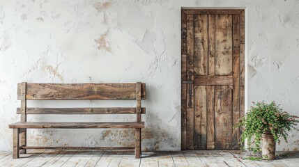 Rustic charm meets modern elegance in this stunning home entryway featuring a classic wooden door and a vintage bench against a crisp white wall.