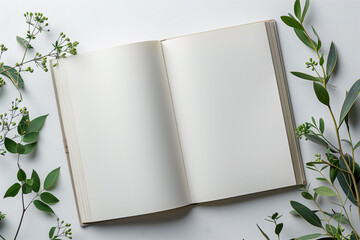 Open blank book on table with with plants