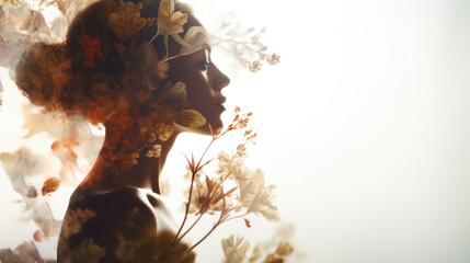 Woman profile with flowers in head, concept of mental health, double exposure - 738845196