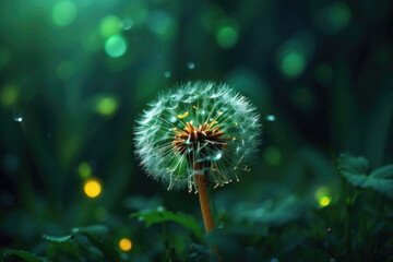 White ball of dandelion with flying parachutes in a green dusky meadow. AI generative