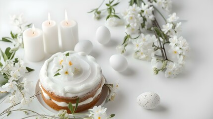 Elegant spring dessert setup with candles and blossoms. ideal for celebrations. clean and serene scenery. festive composition. AI
