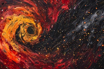 Abstract Cosmic Swirl Painting in Red and Black with Yellow Accents, Dynamic and Expressive Art Background