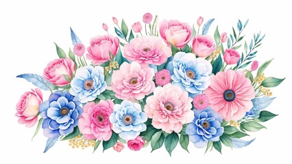 Fototapeta na wymiar Watercolor vintage floral composition Pink and blue Floral Bouquet Flowers and Feathers Isolated. AI Generated