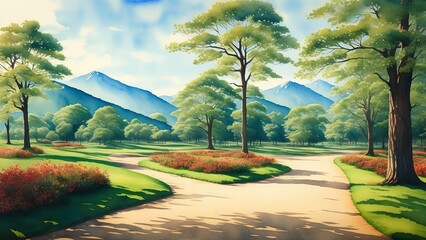 watercolor landscape with trees. AI Generated