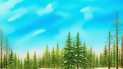 Hand drawn watercolor coniferous forest illustration, spruce. Winter nature, holiday background, conifer, snow, outdoor, snowy rural landscape. AI Generated