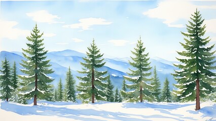 Hand drawn watercolor coniferous forest illustration, spruce. Winter nature, holiday background, conifer, snow, outdoor, snowy rural landscape. AI Generated