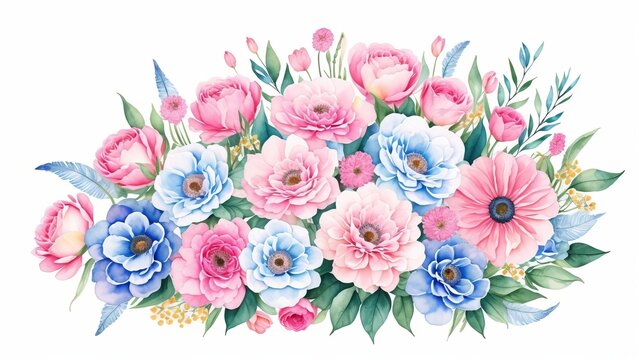 Watercolor vintage floral composition Pink and blue Floral Bouquet Flowers and Feathers Isolated. AI Generated