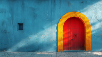 Beautiful red door with colorful wall, copy space. Minimalist space design.