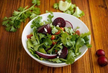 spring salad with boiled beets, lettuce leaves and herbs in a bowl
