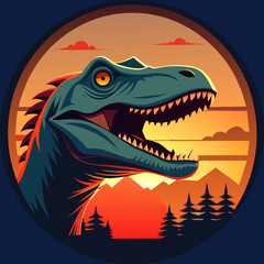 Tyrannosaurus dinosaur head on the background of the sunset. Vector illustration